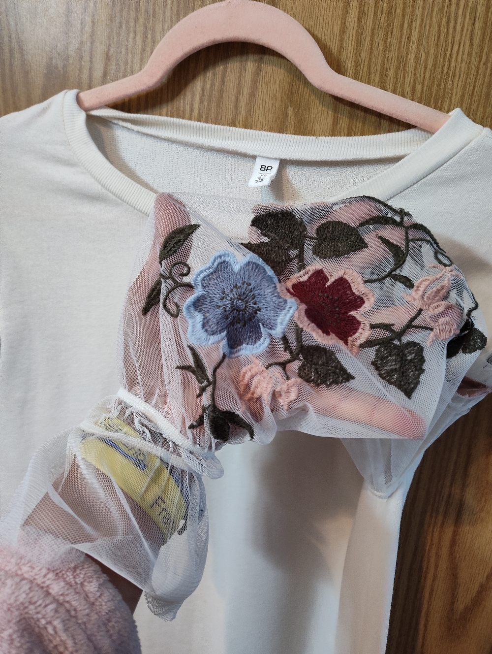 bp Cream Pullover with Sheer Embroidered Floral Sleeves - Picture 3 of 4